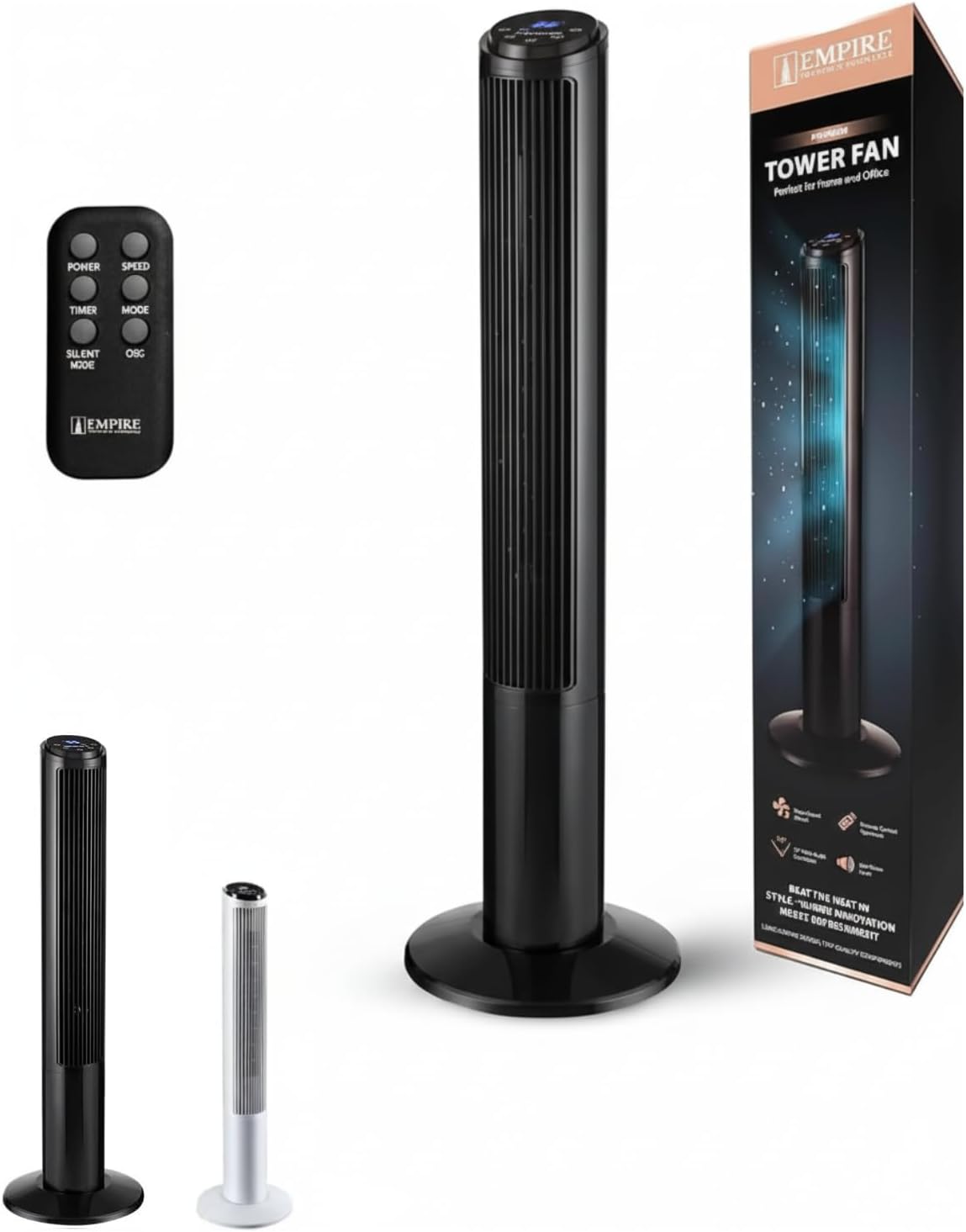 Empire 41inch Tower Fan with LED Display, Remote Control Fan for Bedroom with Timer Function, 50W Cooling Fan with 3 Speeds, Perfect 75° Oscillating Fan for Home, Living Room & Office (Black)