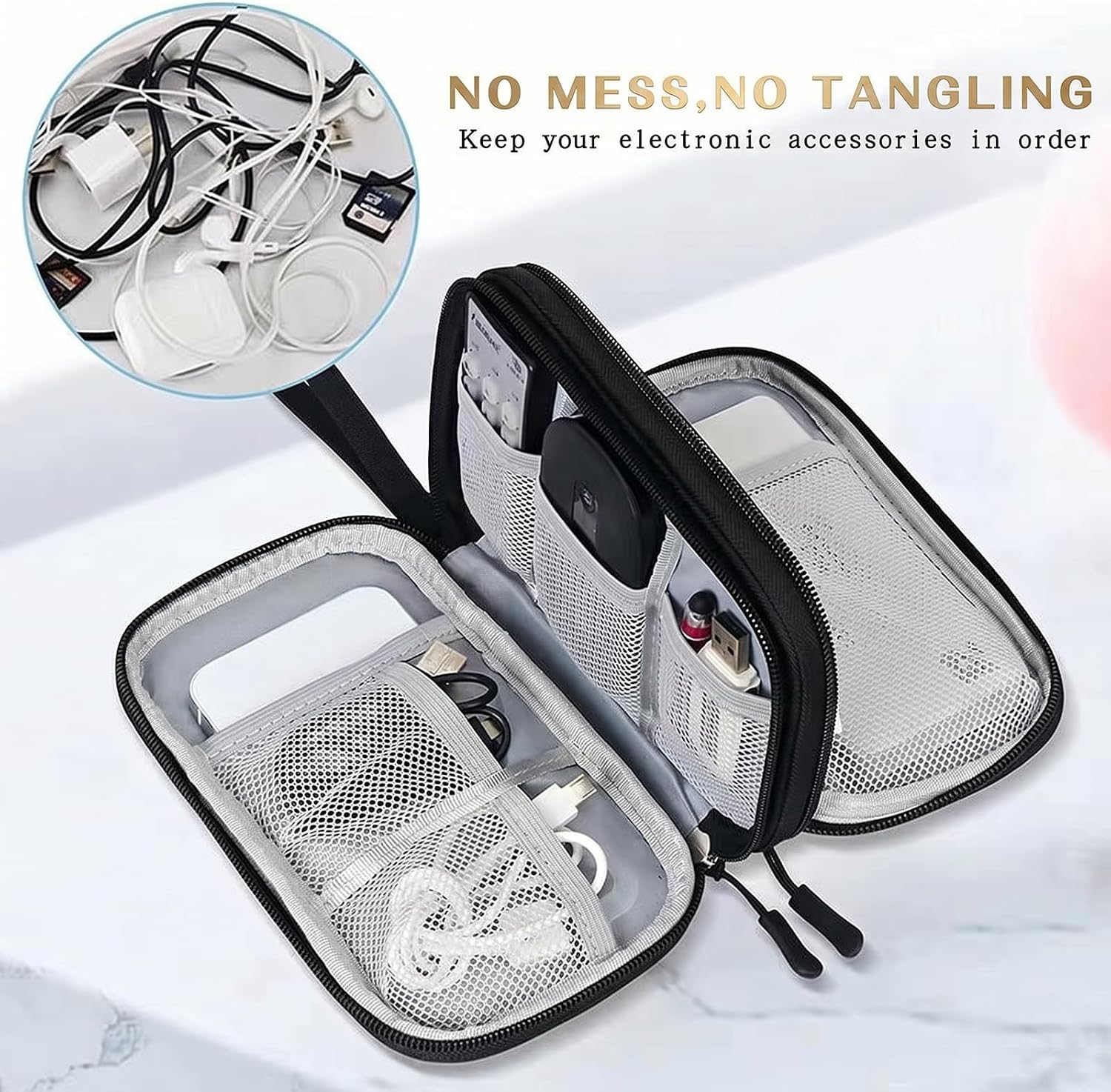 ToolHouse Double-Layer Electronic Organizer, Water-Resistant Travel Cable Organizer Bag, Portable Small Electronics Storage Bag for Cords, Phone and Headphones, Black - الصورة 4