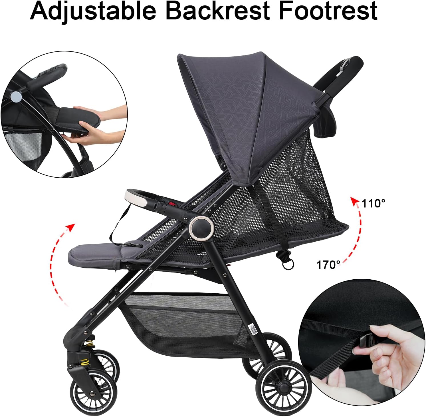 Lightweight Baby Travel Stroller, Compact & Airplane-Friendly, 4.95KG Only, One-Hand Fold,Large basket, Mesh Ventilative Seat, Portable Travel Toddler, Gray - الصورة 4