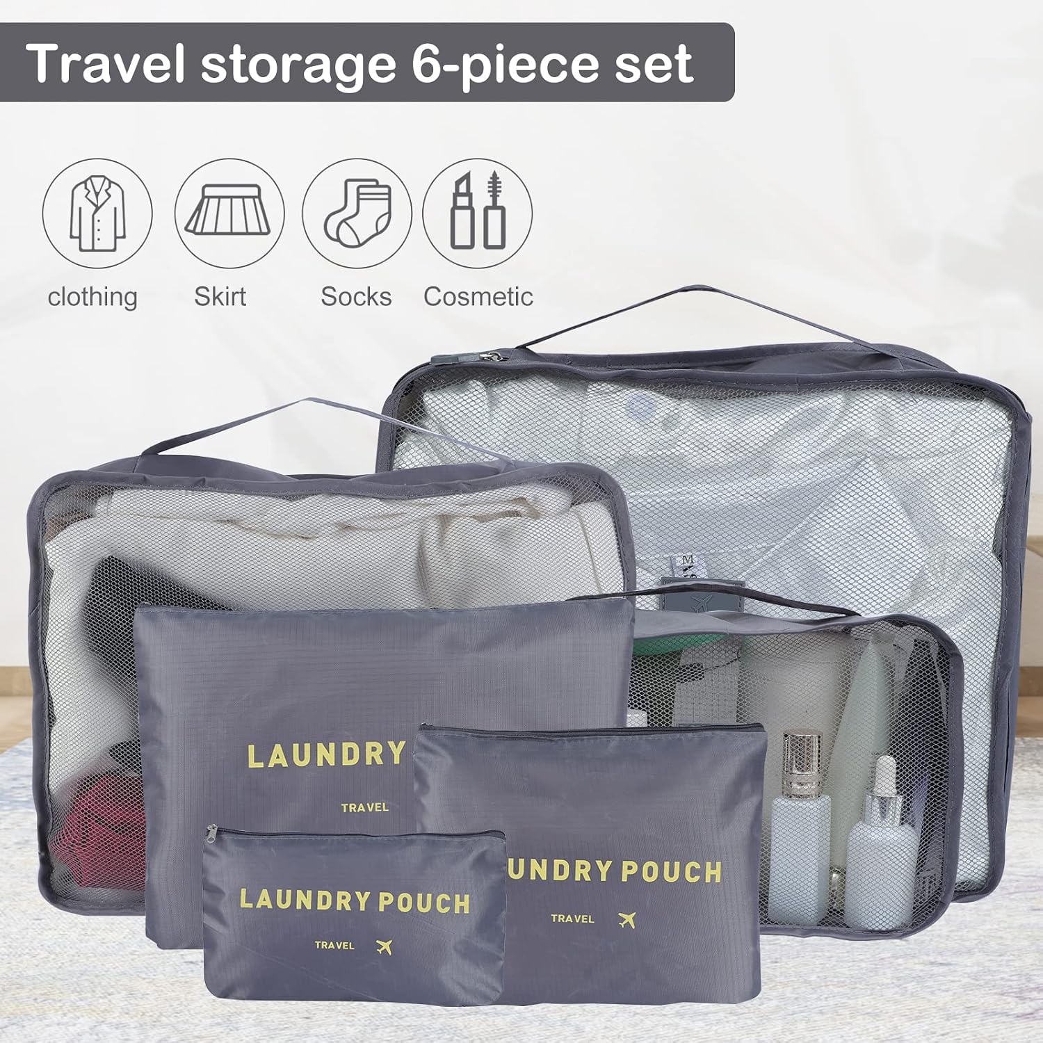 SKY-TOUCH 6-Piece Travel Luggage Organizer Set, Waterproof Packing Cubes and Laundry Bags, Travel Accessories,Grey - الصورة 3