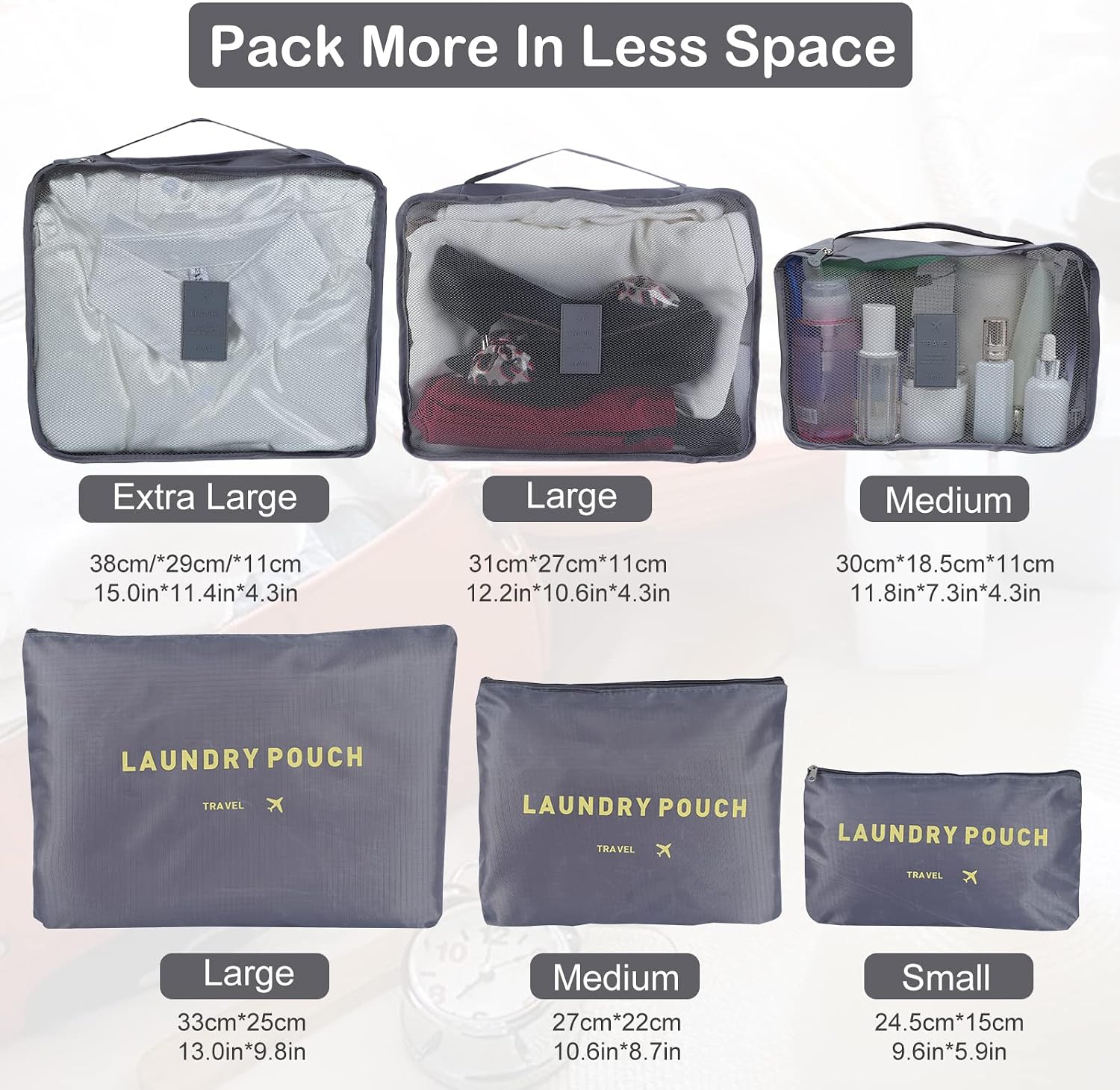 SKY-TOUCH 6-Piece Travel Luggage Organizer Set, Waterproof Packing Cubes and Laundry Bags, Travel Accessories,Grey - الصورة 5