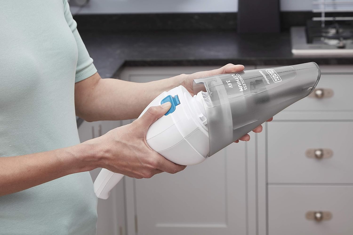 BLACK+DECKER Cordless Handheld Portable Vacuum Cleaner, 3.6V, Lithium-Ion Battery 1.5Ah, 8AW Suction Power, 325ml Visible Dirt Bowl, Quick and Easy Cleaning, White - NVC115JL-B5 - الصورة 5