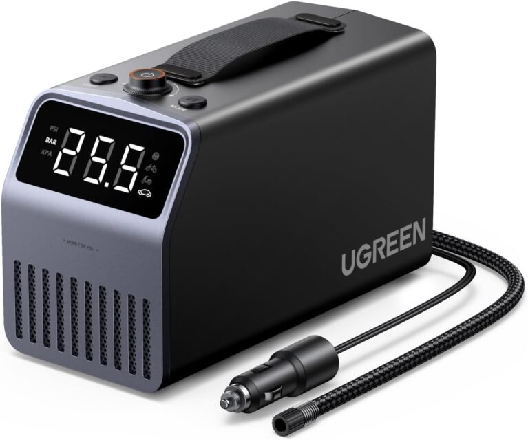 UGREEN Tire Inflator (0.2-10.3 bar / 3-150 psi) Electric Air Compressor, Portable Air Pump, Mini Tire Pump with Digital LED Display, LED Light for Bicycles, Motorcycles, and Cars