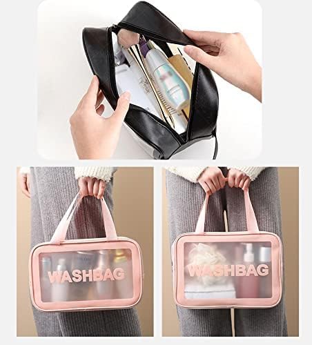3Pcs Cosmetic Bag Vinyl Air Travel Toiletry Bags Bulk, Water Resistant PVC Packing Cubes with Zipper Closure & Carry Handle for Women Baby Men, Make-up brush Case Beach Pool Spa Gym Bag (Pink) - الصورة 6