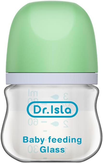 Dr.isla Glass Baby Bottle 90ml, Anti-Colic Infant Feeding Bottle with Soft Silicone Breast-Like Nipple, Easy-Grip Glass Bottle with Measurement Scale and Protective Cap(Green)