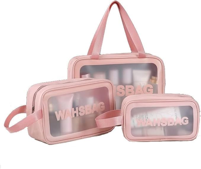 3Pcs Cosmetic Bag Vinyl Air Travel Toiletry Bags Bulk, Water Resistant PVC Packing Cubes with Zipper Closure & Carry Handle for Women Baby Men, Make-up brush Case Beach Pool Spa Gym Bag (Pink)