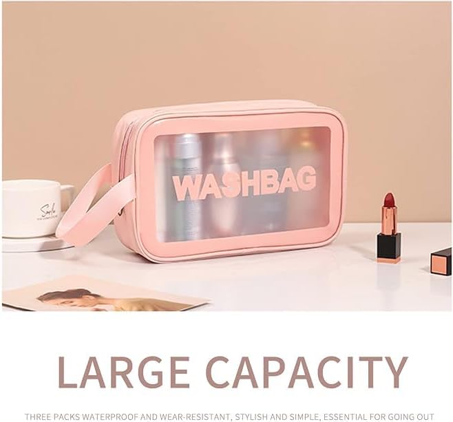 3Pcs Cosmetic Bag Vinyl Air Travel Toiletry Bags Bulk, Water Resistant PVC Packing Cubes with Zipper Closure & Carry Handle for Women Baby Men, Make-up brush Case Beach Pool Spa Gym Bag (Pink) - الصورة 7