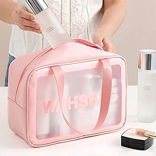 3Pcs Cosmetic Bag Vinyl Air Travel Toiletry Bags Bulk, Water Resistant PVC Packing Cubes with Zipper Closure & Carry Handle for Women Baby Men, Make-up brush Case Beach Pool Spa Gym Bag (Pink) - الصورة 3