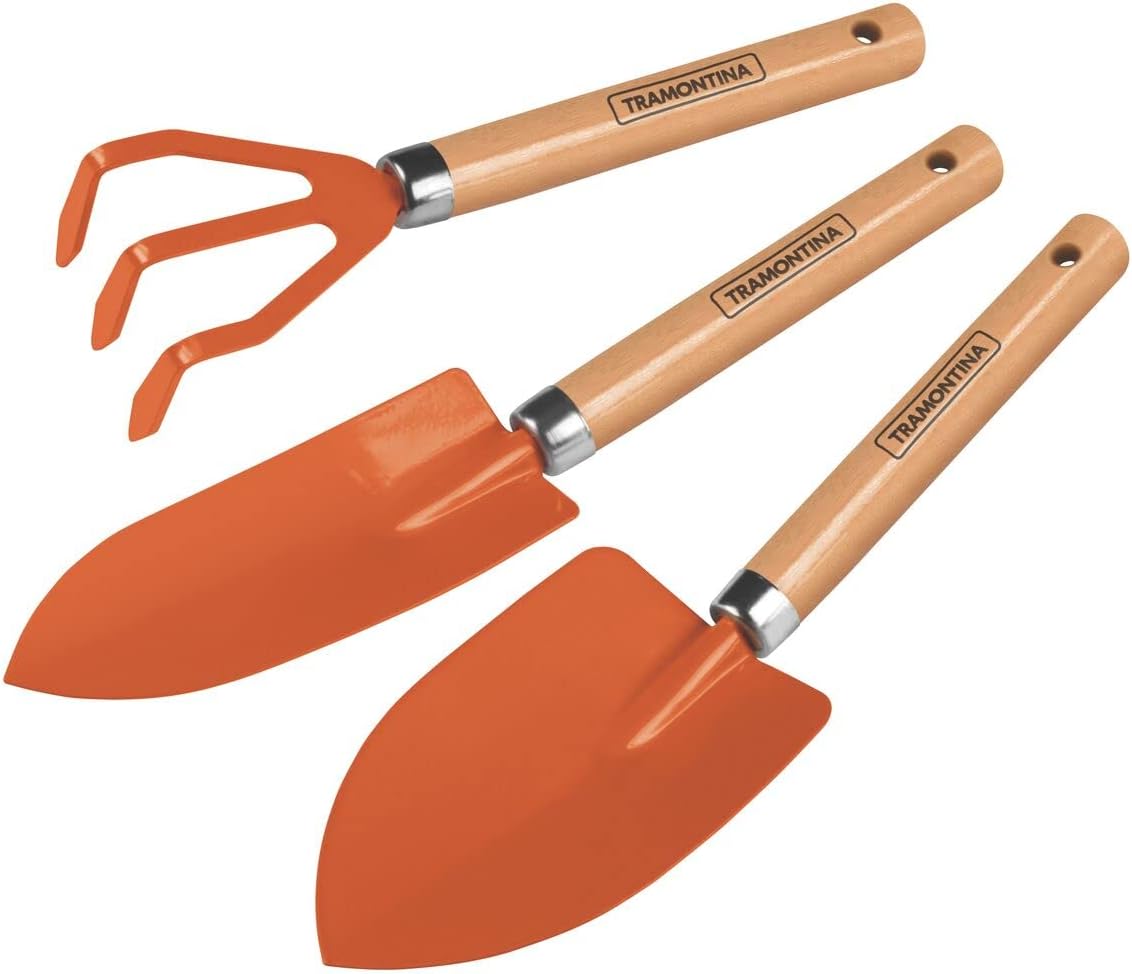 Tramontina 3 Pieces Garden Tool Set with Special Carbon Steel and Wood Handle includes Garden Trowel + Transplanting Trowel + Cultivator