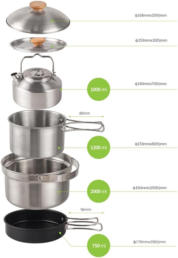 Camping Hiking Cookware Set, Camping Hiking Cookware Set Outdoor Portable Picnic Cookware Kit Stainless Steel Pot Frying Pan Kettle Set Travel Cooking Accessory - الصورة 9