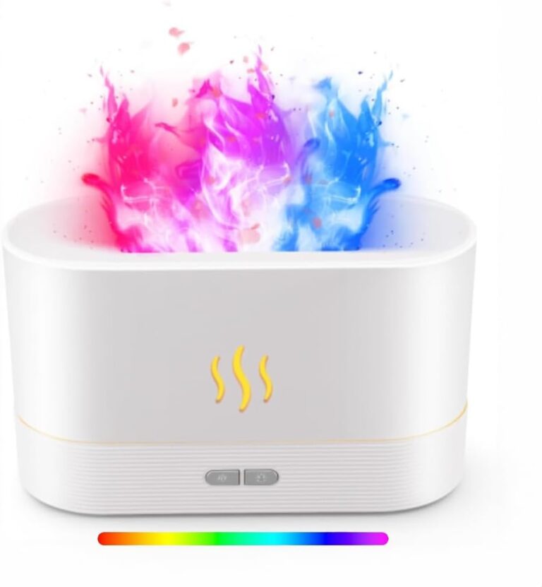 Aromatherapy Colour Changing Flame Air Aroma Diffuser Humidifier, Upgraded 7 Flame Color Noiseless Essential Oil Diffuser for Home,Office,Yoga with Auto-Off Protection 180ml (White)