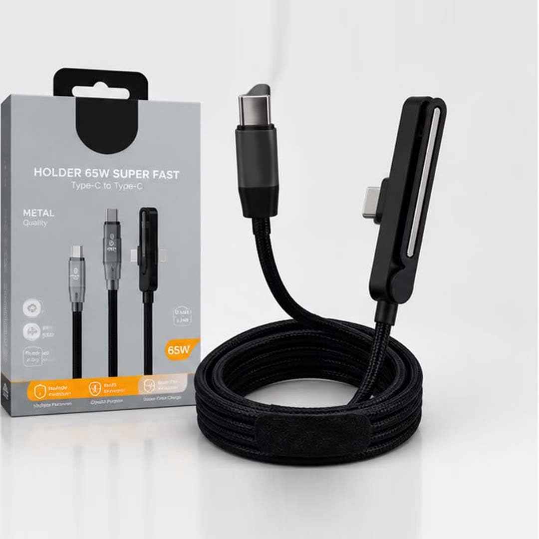 65W Type C to Type C Fast Charging Cable Braided High Durability Super Fast Data Transfer Cord with Built-in Phone Holder Creative for Office Car Home - الصورة 4
