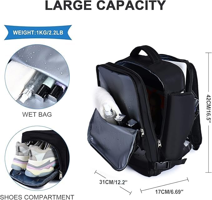 XICEN Large Travel Backpack, Unisex, Black, Water Resistant, 3L, 16.5" x 12.2" x 6.69", 2.2Lb, Laptop Compatible, USB Charging Port, Wet Bag, Separate Shoe Compartment - الصورة 2