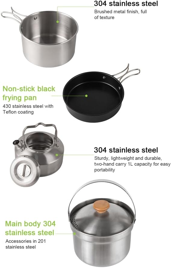 Camping Hiking Cookware Set, Camping Hiking Cookware Set Outdoor Portable Picnic Cookware Kit Stainless Steel Pot Frying Pan Kettle Set Travel Cooking Accessory - الصورة 4