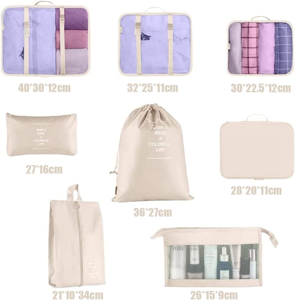 Arabest Packing Cubes for Suitcase, 8 PCS Lightweight Travel Luggage Organizers Set, Waterproof Luggage Packing Cubes for Travel Accessories (Beige) - الصورة 2