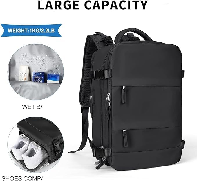 XICEN Large Travel Backpack, Unisex, Black, Water Resistant, 3L, 16.5" x 12.2" x 6.69", 2.2Lb, Laptop Compatible, USB Charging Port, Wet Bag, Separate Shoe Compartment - الصورة 3