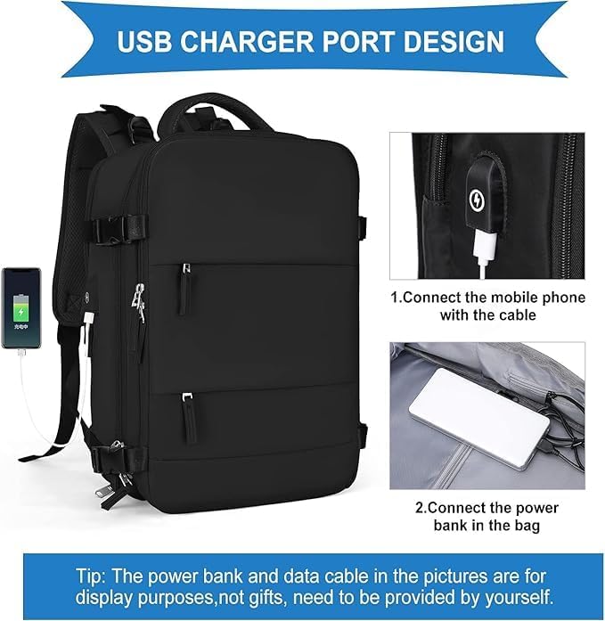 XICEN Large Travel Backpack, Unisex, Black, Water Resistant, 3L, 16.5" x 12.2" x 6.69", 2.2Lb, Laptop Compatible, USB Charging Port, Wet Bag, Separate Shoe Compartment - الصورة 4