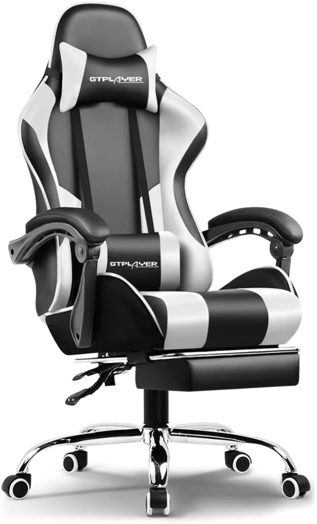 GTPLAYER Gaming Chair for Adults – Ergonomic Office Chair with USB Massage Lumbar, Footrest & Headrest | PU Leather Computer Desk Chair for Video Gaming & Work | 360° Swivel, Height Adjustable (White)