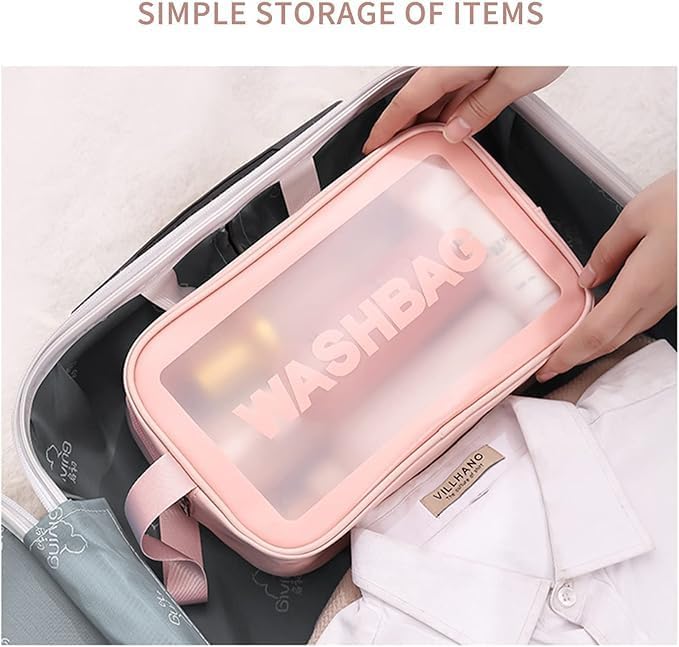 3Pcs Cosmetic Bag Vinyl Air Travel Toiletry Bags Bulk, Water Resistant PVC Packing Cubes with Zipper Closure & Carry Handle for Women Baby Men, Make-up brush Case Beach Pool Spa Gym Bag (Pink) - الصورة 4