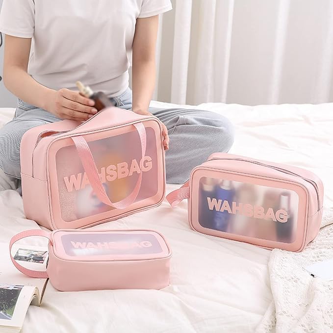 3Pcs Cosmetic Bag Vinyl Air Travel Toiletry Bags Bulk, Water Resistant PVC Packing Cubes with Zipper Closure & Carry Handle for Women Baby Men, Make-up brush Case Beach Pool Spa Gym Bag (Pink) - الصورة 2