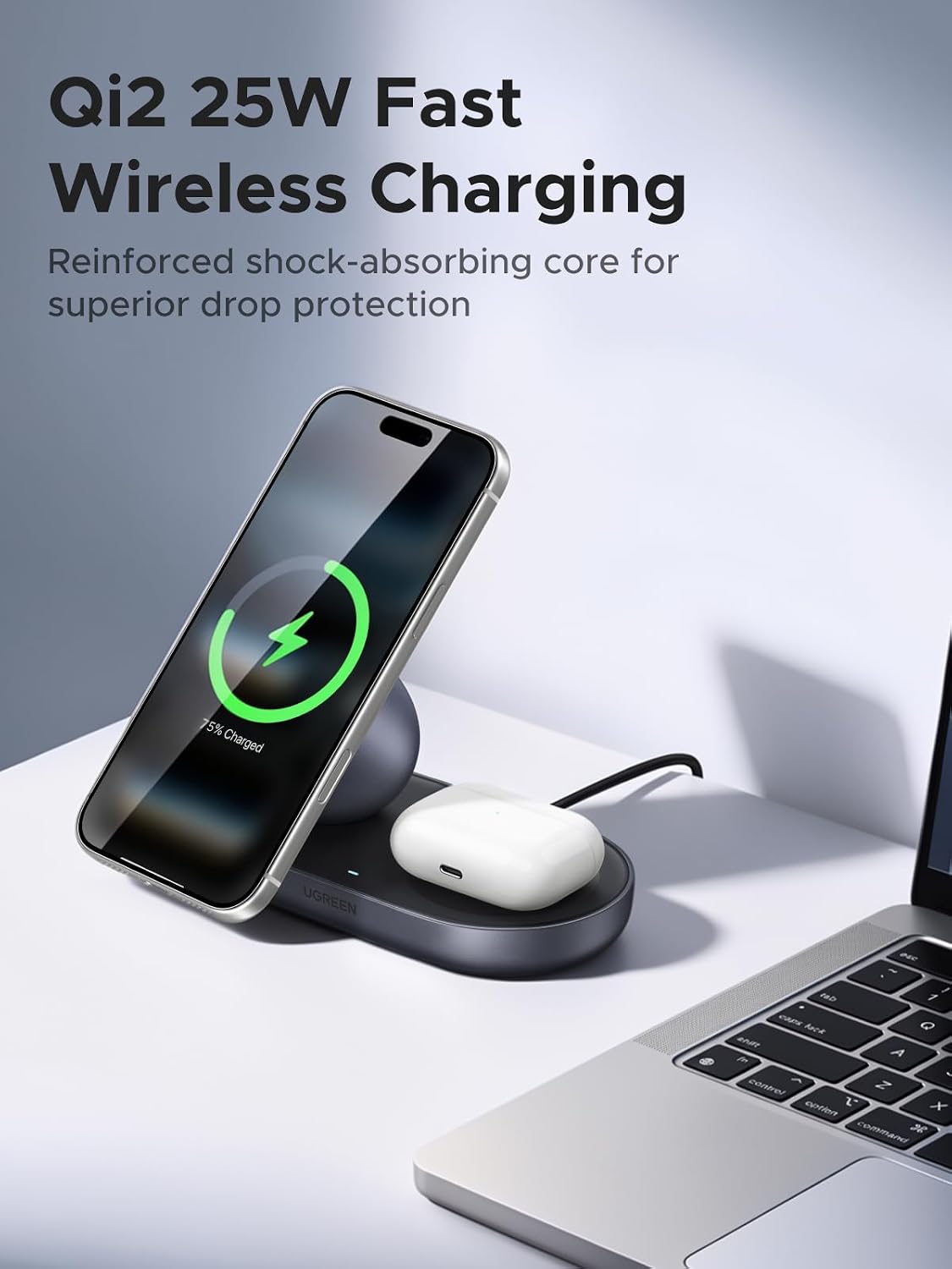UGREEN Qi2 Wireless Charger 25W 2 in 1 Fast Portable MagSafe Charging Station for iPhone 17 Pro Max 16 15 14 13 12, AirPods, Apple Watch, with 1M USB-C Cable, Black - الصورة 2