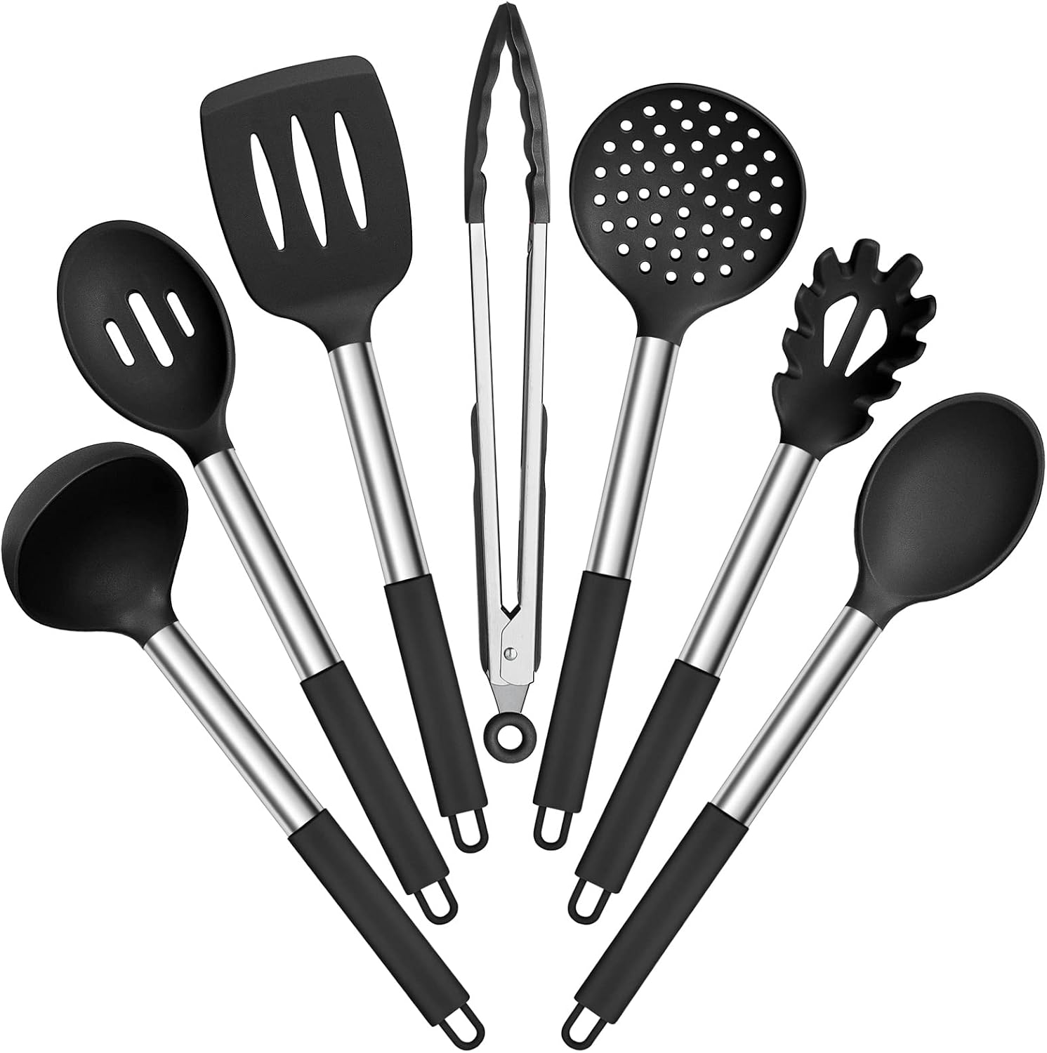 E-far Silicone Kitchen Utensil Set, 7 Piece Heat-Resistant Kitchen Utensil Set with Stainless Steel Handle, Slotted Spatula, Spoon, Soup Ladle, Pasta Server,
