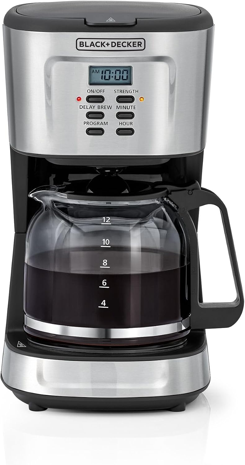 BLACK+DECKER 12-Cup Coffee Maker, 900W Programmable Drip Coffee Machine, 1.5L Glass Carafe, 24-Hour Timer, Keep Warm Function, LCD Display, Auto Shut-Off, Boil Dry Protection, Black - DCM85-B5