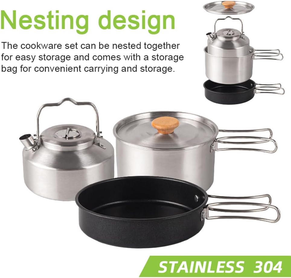 Camping Hiking Cookware Set, Camping Hiking Cookware Set Outdoor Portable Picnic Cookware Kit Stainless Steel Pot Frying Pan Kettle Set Travel Cooking Accessory - الصورة 3