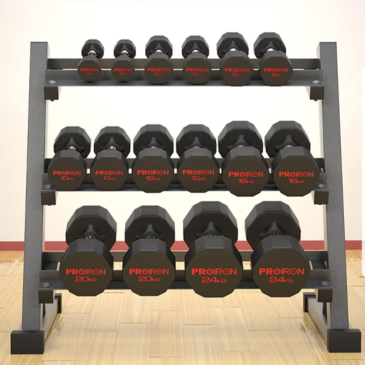 PROIRON Rubber Dumbbells Odorless, Steel Weights Set Men Women Home Gym 3kg 5kg 8kg 10kg 12kg 16kg 20kg 24kg Fitness Training Exercise Body Strength Lifting Equipment (Pair or Single) - الصورة 7
