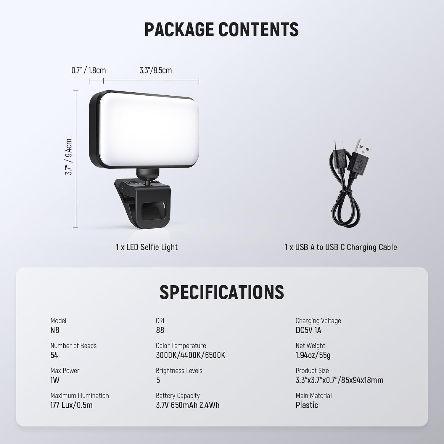 NEEWER Entry Level Version LED Selfie Light, 54 LEDs Plastic Clip on Phone Fill Lighting for iPhone, CRI88 650mAh, Portable for Computer Laptop Webcam Zoom Video Conference Makeup Recording, N8 - الصورة 8