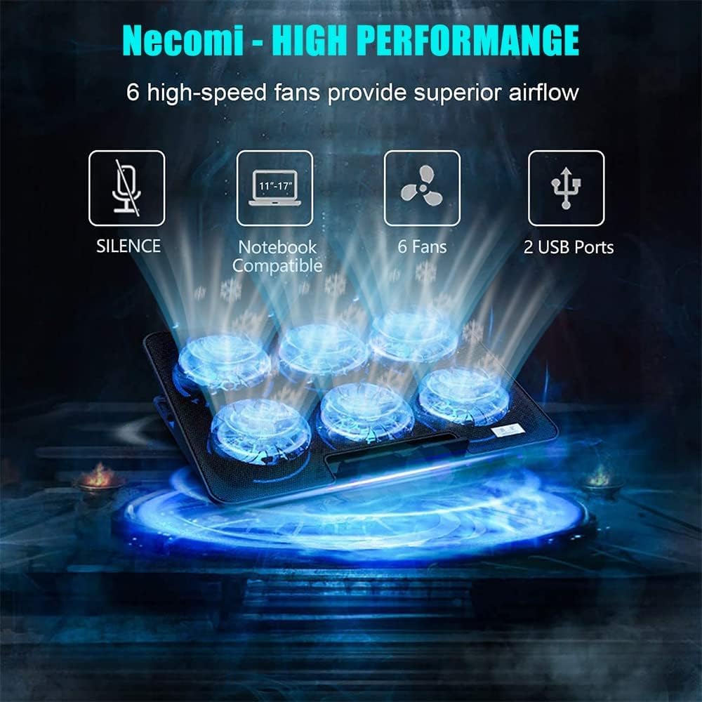 Laptop Cooling Pad, Necomi Laptop Cooler Stand with 6 Quiet Cooling Fans and 6 Height Adjustable Dual USB Powered Gaming Laptop Cooling Stand for 12-17 Inch Laptop Computer - الصورة 2