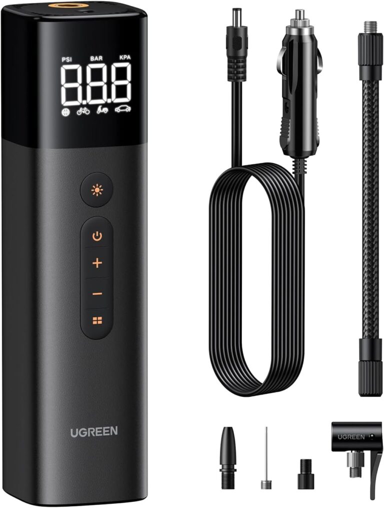 UGREEN Tire Inflator (0.2-10.3 bar / 3-150 psi) Electric Air Compressor, Portable Air Pump, Mini Tire Pump with Digital LED Display, LED Light for Bicycles, Motorcycles, and Cars