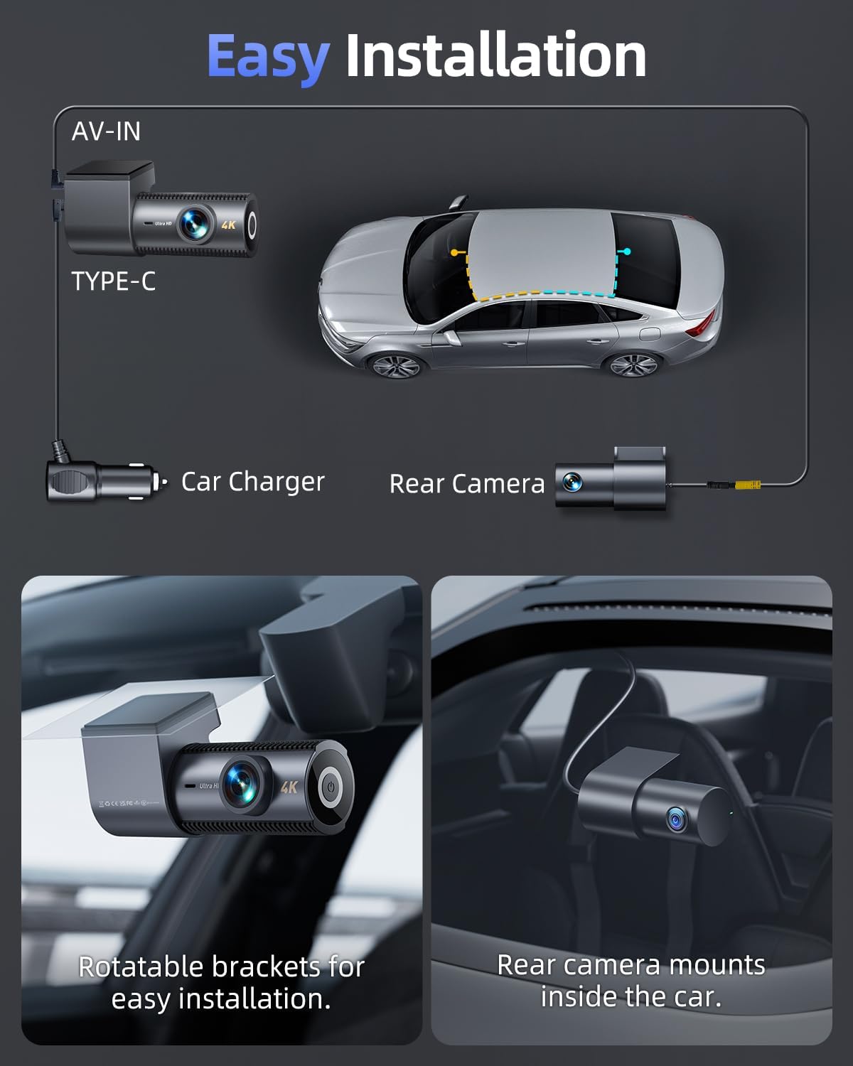 4K داش كام, Dash Cam for Cars with 64GB SD Card, 5Ghz WiFi, G-Sensor - الصورة 8