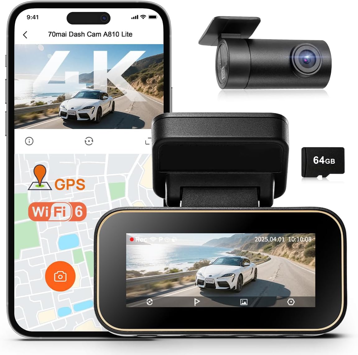 70mai A810 Lite 4K Dash Cam, 4K Front + 1080P Rear Car Camera