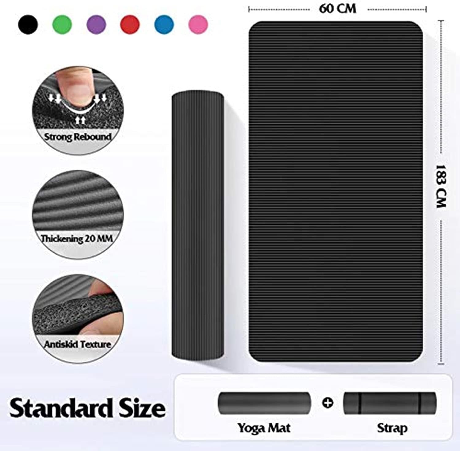 SKEIDO Non-Slip Yoga mat 10mm Thick NBR Gym Home Exercise Sport -183 * 61cm-Black - الصورة 5
