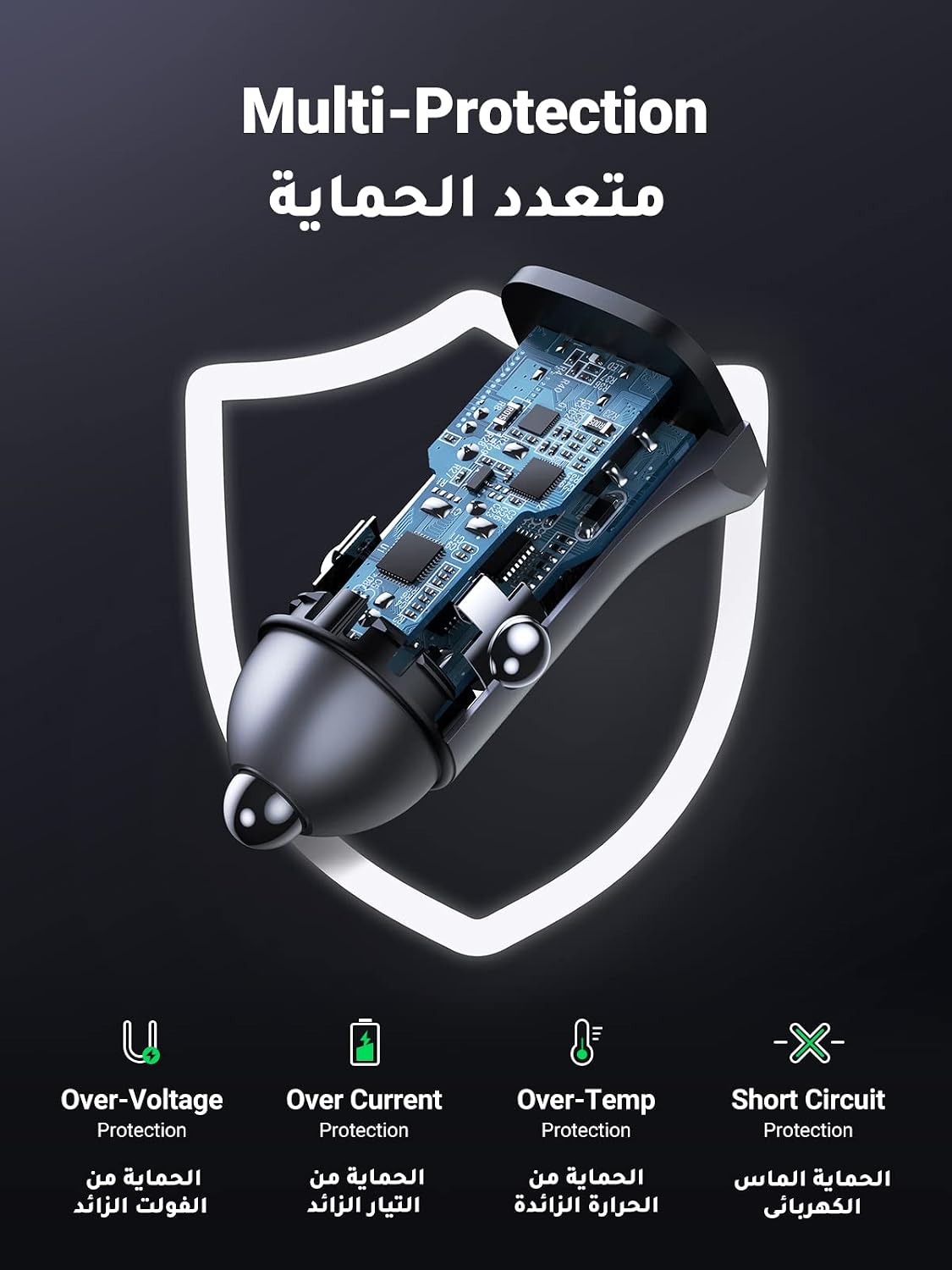 UGREEN Car Charger Fast Charging 30W 2Ports, with Type C Cable - الصورة 4