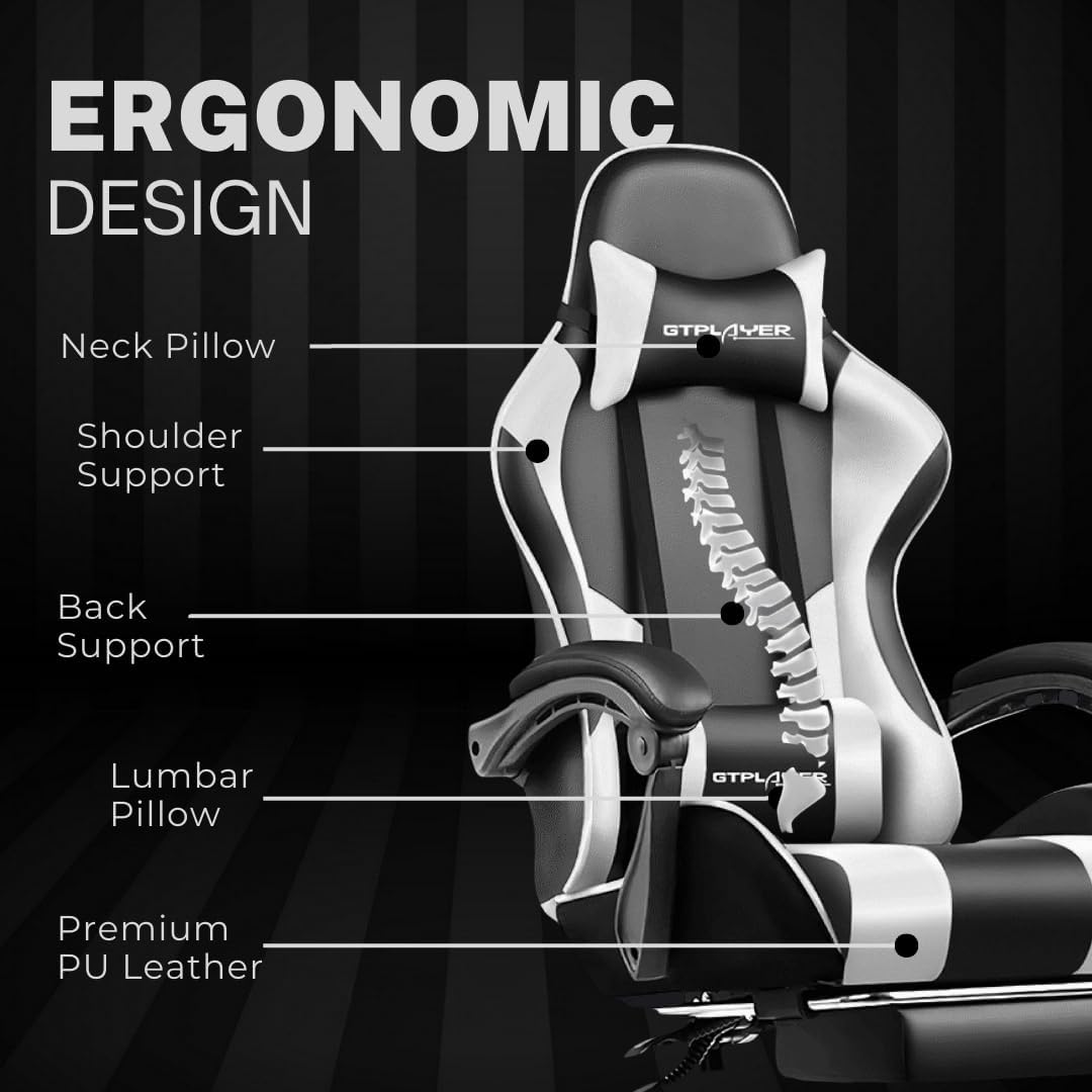 GTPLAYER Gaming Chair for Adults – Ergonomic Office Chair with USB Massage Lumbar, Footrest & Headrest | PU Leather Computer Desk Chair for Video Gaming & Work | 360° Swivel, Height Adjustable (White) - الصورة 5