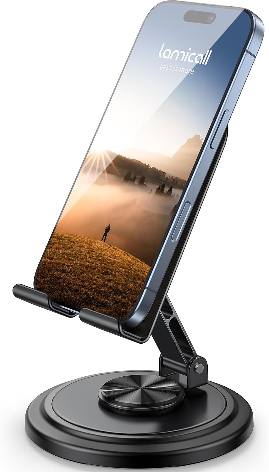 Lamicall Adjustable Phone Stand for Desk - 360 Rotating Foldable Cell Phone Holder Desktop Portable Cellphone Stand, Office Desk Accessories