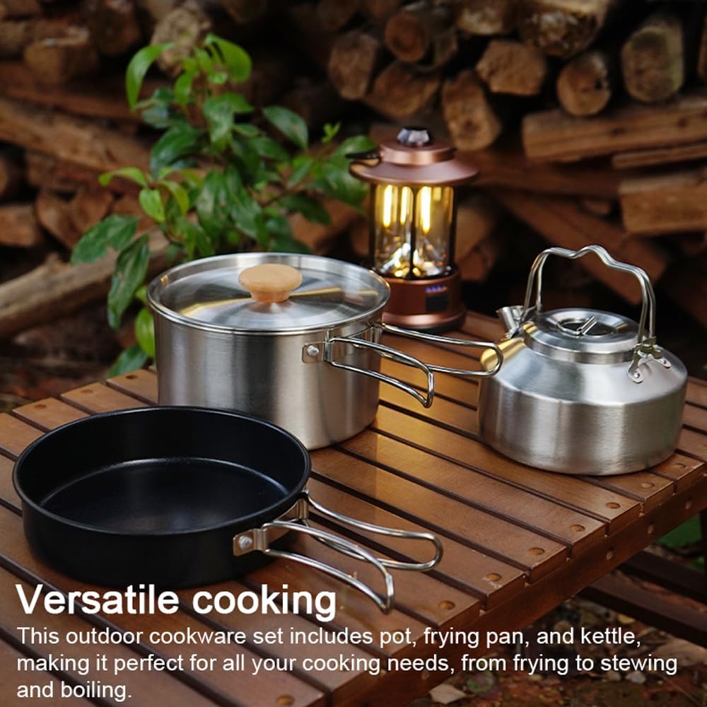 Camping Hiking Cookware Set, Camping Hiking Cookware Set Outdoor Portable Picnic Cookware Kit Stainless Steel Pot Frying Pan Kettle Set Travel Cooking Accessory - الصورة 2