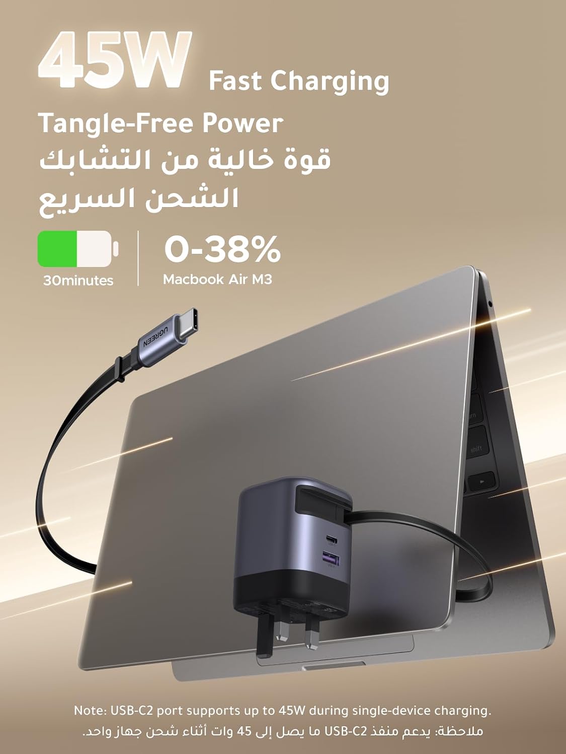 UGREEN 45W Type C Fast Charger with Retractable USB-C Cable, 3 Ports GaN Charging Wall Plug Laptop Power Adapter, Compatible for Samsung S26, S25, S24, iPhone 17 Pro Max, iPad Air, HONOR Pad - الصورة 2