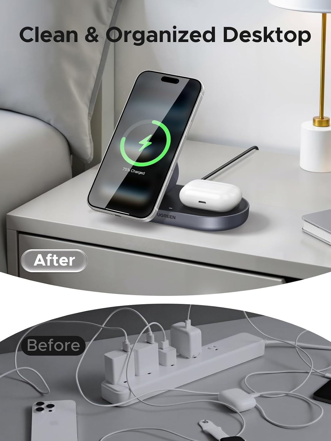 UGREEN Qi2 Wireless Charger 25W 2 in 1 Fast Portable MagSafe Charging Station for iPhone 17 Pro Max 16 15 14 13 12, AirPods, Apple Watch, with 1M USB-C Cable, Black - الصورة 7