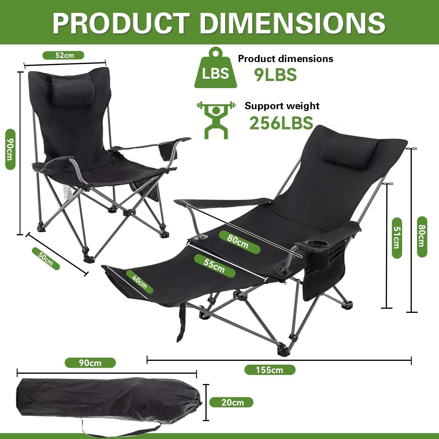 Folding Camping Chair, 2in1 Camping Lounge Chair, Portable Camping Outdoor Chair, Sunbathing Iounge Chair with Footstool, Cup Holder, Headrest, Armrests and Storage Bag, Suitable for Camping,Garden - الصورة 3