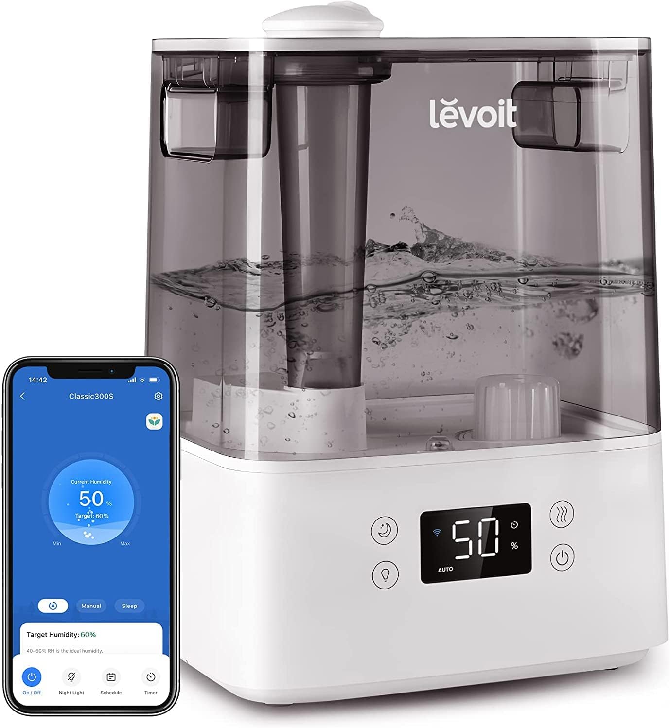 LEVOIT Smart Humidifiers for Bedroom, 6L Top-Fill Cool Mist with Quiet Sleep Mood and Alexa Control for Plants and Pets, Auto Mode, Timer, Essential Oil Diffuser, Up to 60H for 47㎡, Gray