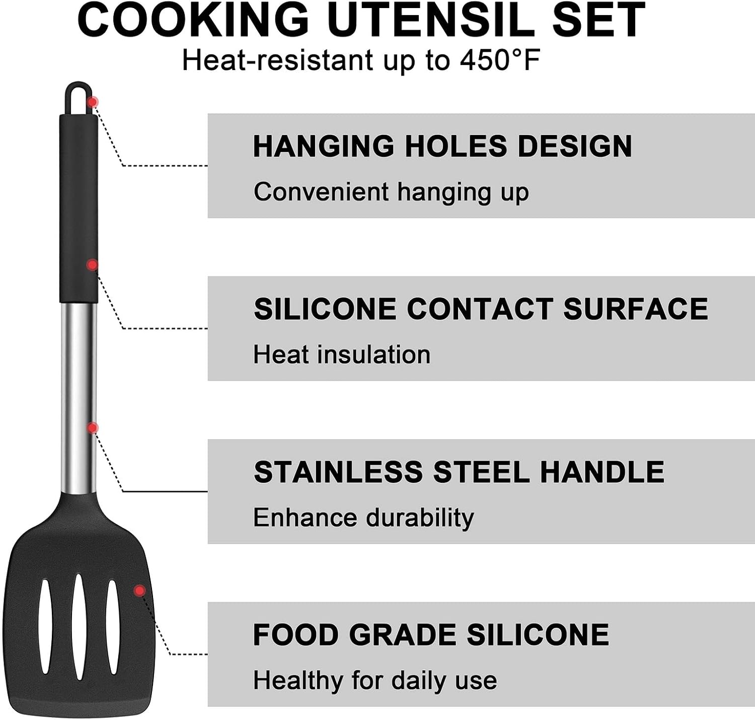 E-far Silicone Kitchen Utensil Set, 7 Piece Heat-Resistant Kitchen Utensil Set with Stainless Steel Handle, Slotted Spatula, Spoon, Soup Ladle, Pasta Server, - الصورة 5