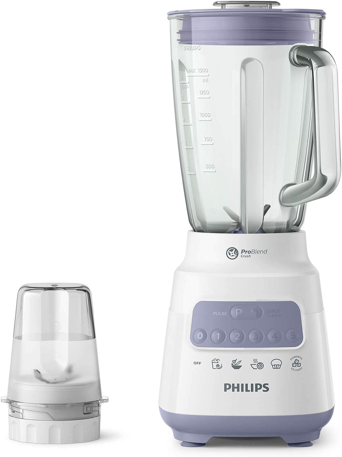 Philips Blender 700W, 1.5L Glass Jar Capacity, 5 Speed Settings | 5000 Series, ProBlend Crush Technology, 2x Faster Ice Crushing, Sustainless Steel, Dishwasher Safe, Blue/White, HR2222/01
