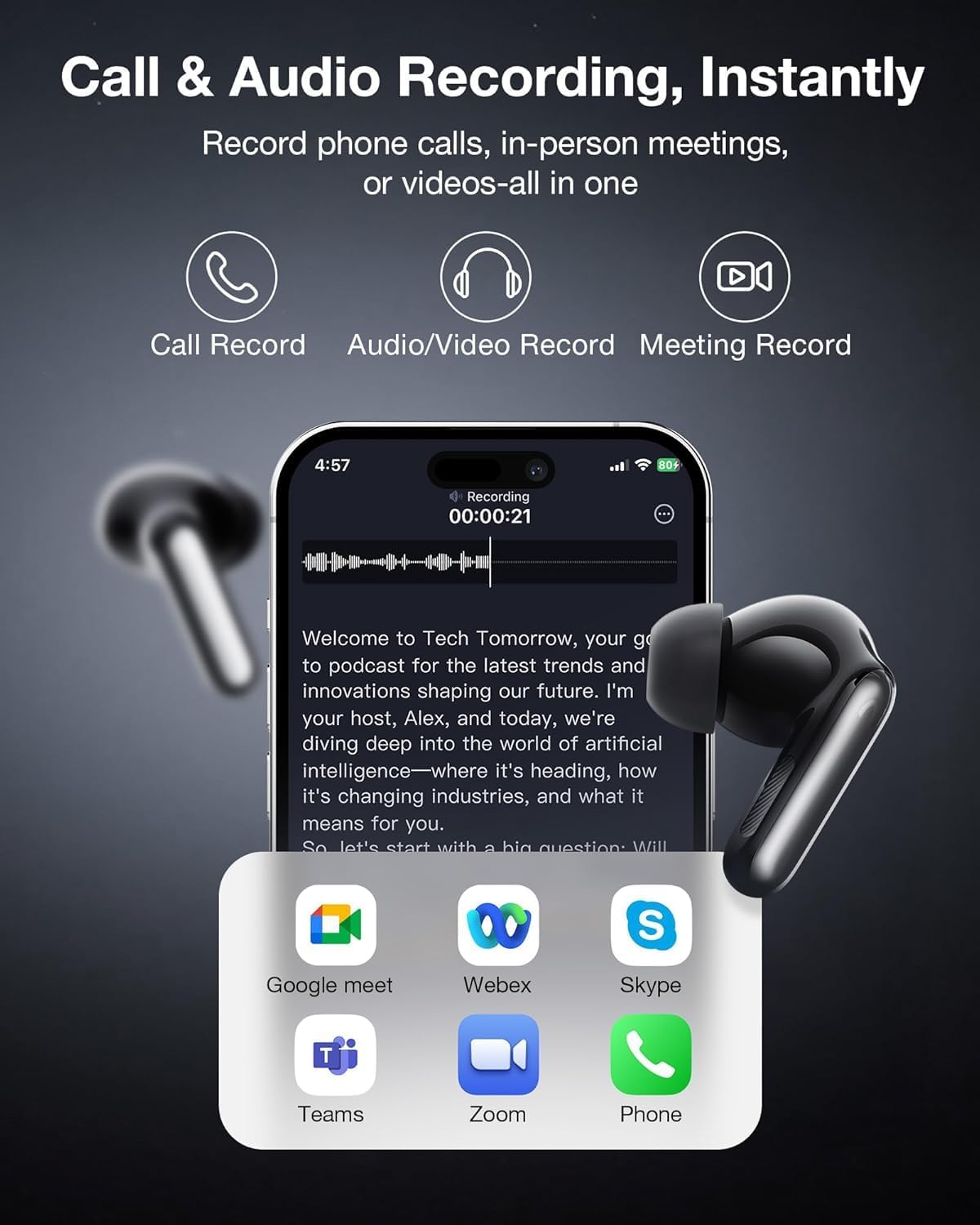 RecDot AI Earbuds - AI Meeting Assistant with Real-Time Transcription & Translation (16 Languages), FlashRecord, 48dB ANC, To-Do Lists & Summaries - Black - الصورة 2