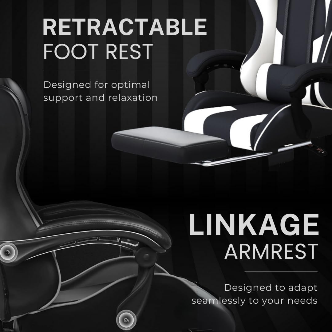 GTPLAYER Gaming Chair for Adults – Ergonomic Office Chair with USB Massage Lumbar, Footrest & Headrest | PU Leather Computer Desk Chair for Video Gaming & Work | 360° Swivel, Height Adjustable (White) - الصورة 8