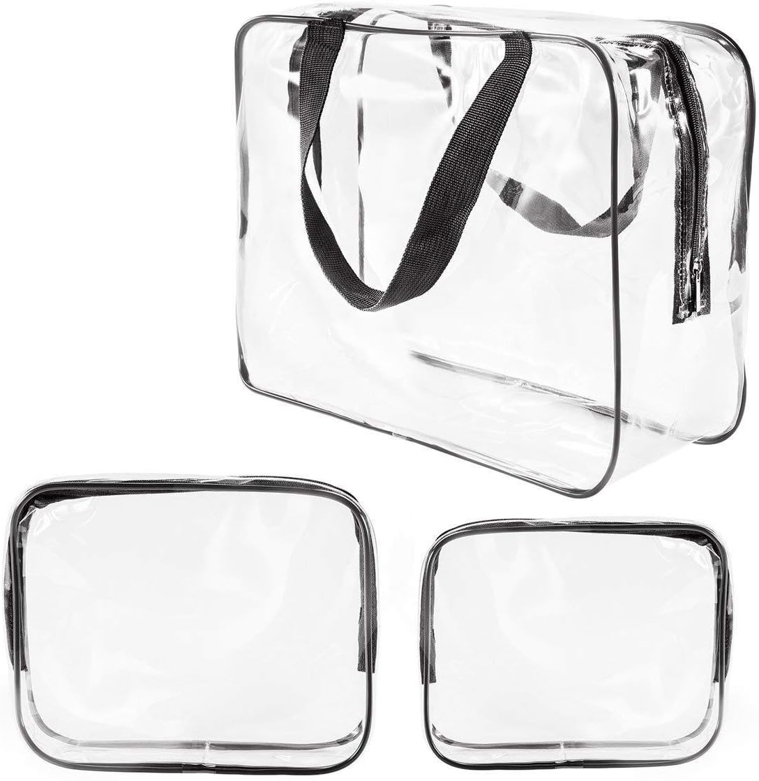 3Pcs Clear Cosmetic Bag Vinyl Air Travel Toiletry Bags Bulk, Water Resistant PVC Packing Cubes with Zipper Closure & Carry Handle for Women Baby Men, Make up brush Case Beach Pool Spa Gym Bag, Black - الصورة 3