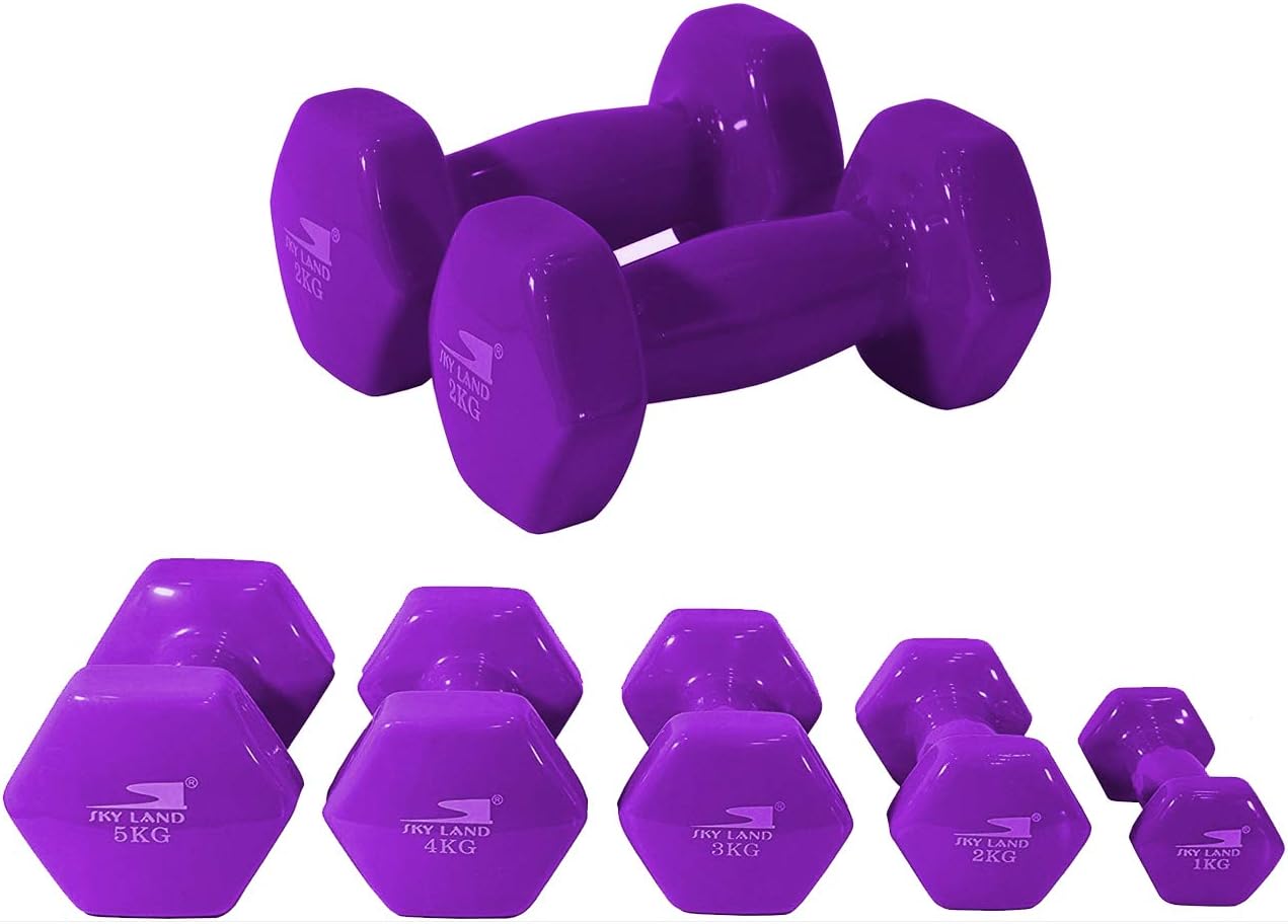 SKY LAND Classical Dumbbells Hand Weights Set of 2 - Vinyl Coated Exercise & Fitness Dumbbell for Home Gym Equipment Workouts Strength Training, 2Kg X 2 Purple, EM-9219-2 - الصورة 5