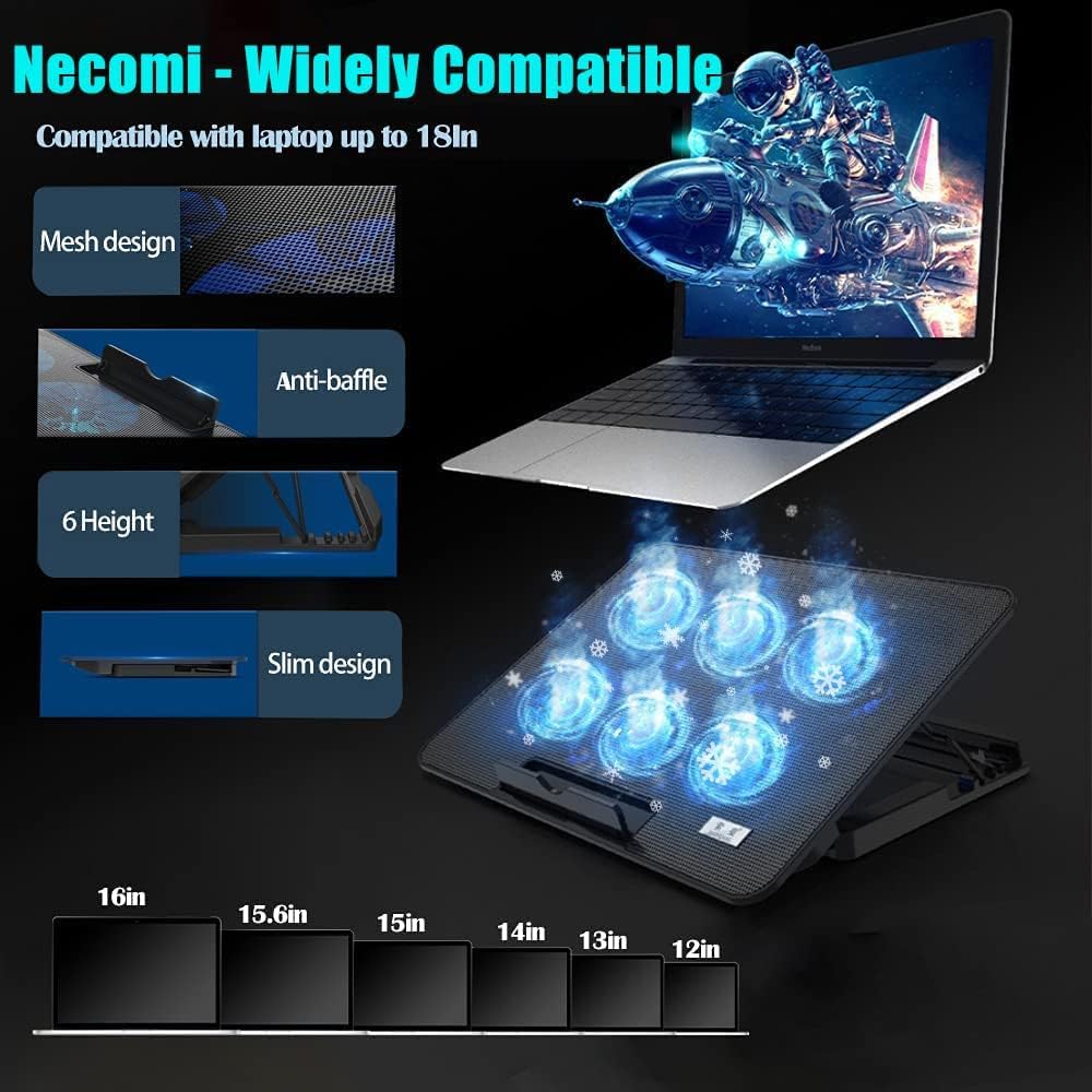 Laptop Cooling Pad, Necomi Laptop Cooler Stand with 6 Quiet Cooling Fans and 6 Height Adjustable Dual USB Powered Gaming Laptop Cooling Stand for 12-17 Inch Laptop Computer - الصورة 4